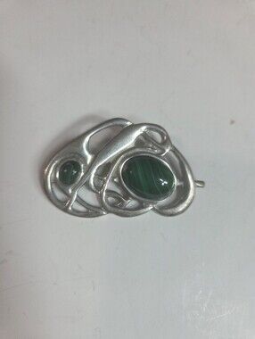 st justin pewter brooch abstract free form malachite cabochon stone green silver